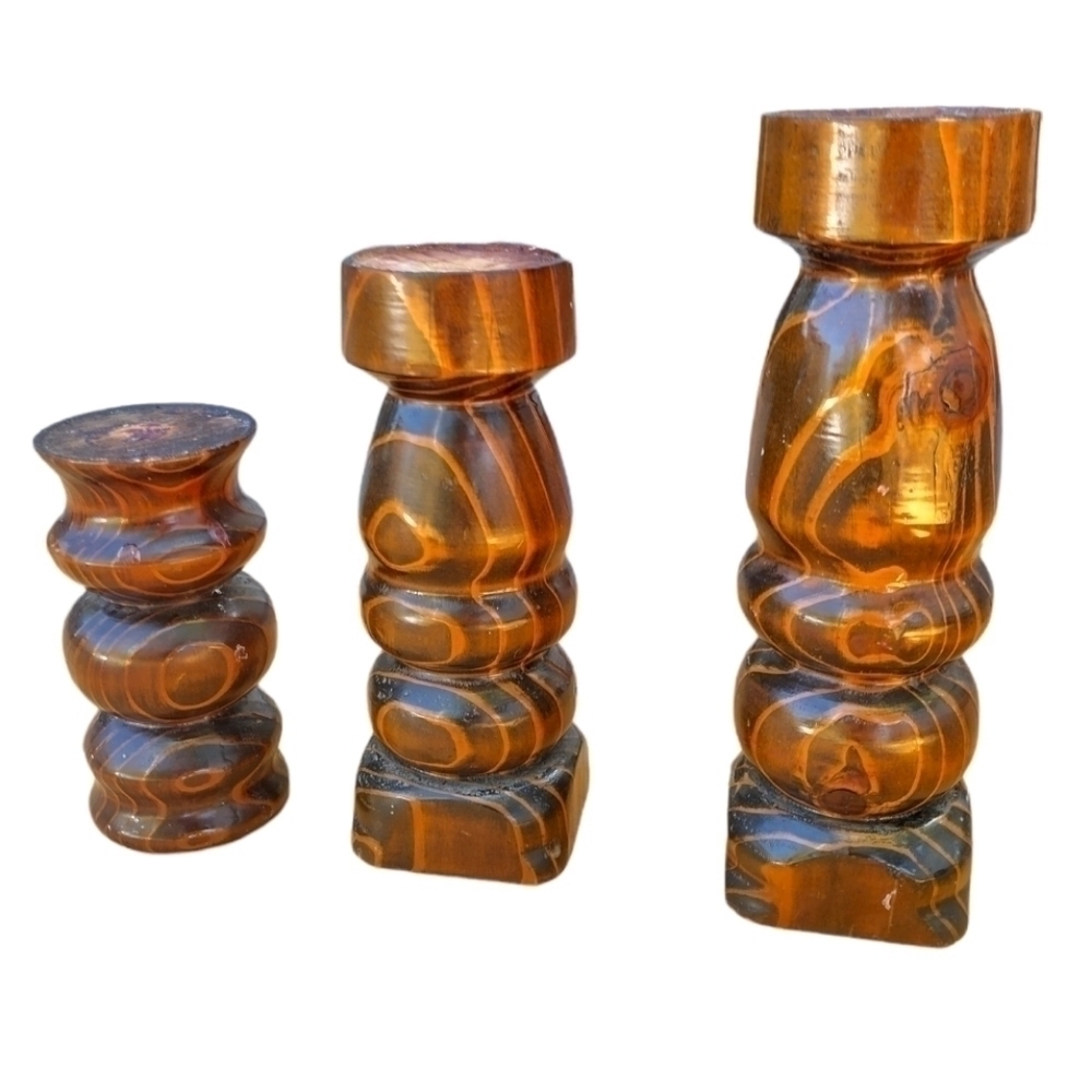 𝅺vintage wooden hand-carved candlestick holders. Set of three. 2 w stamp.   F19 